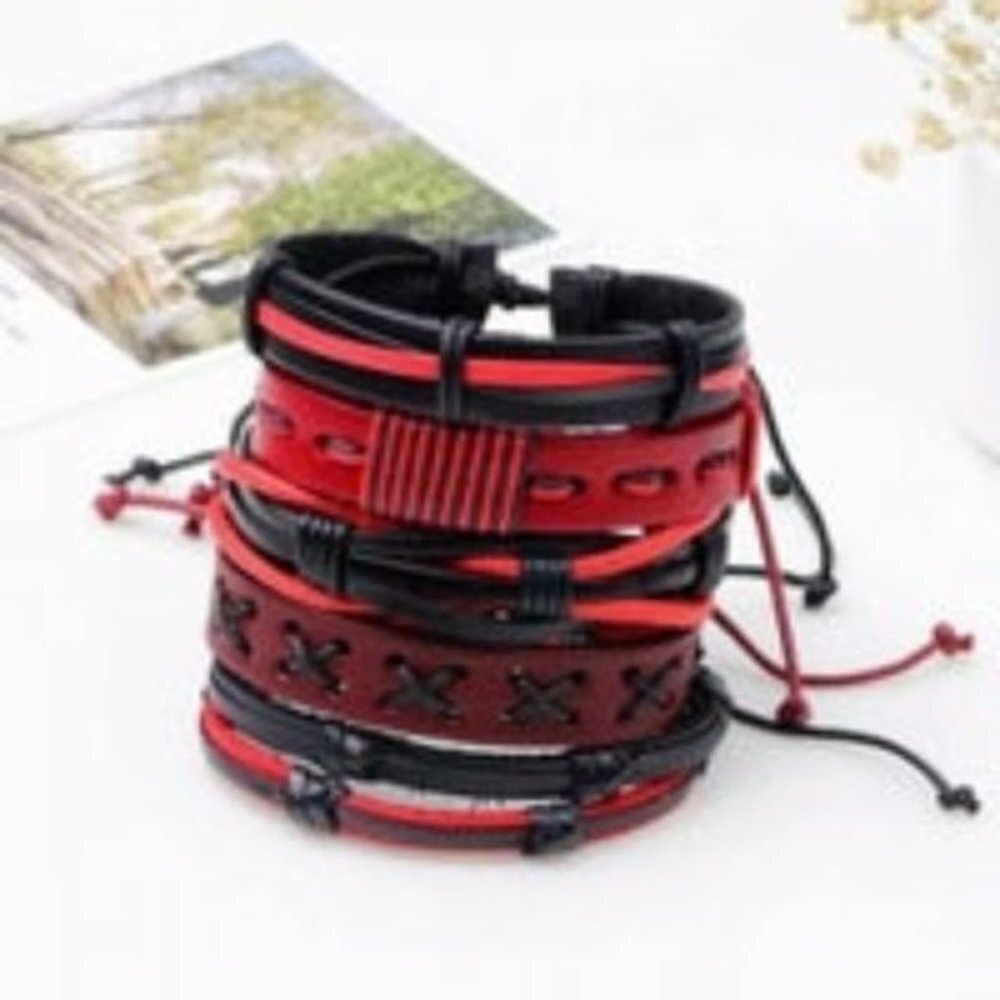 Mens Leather Red & Black Braided Bracelet Set
